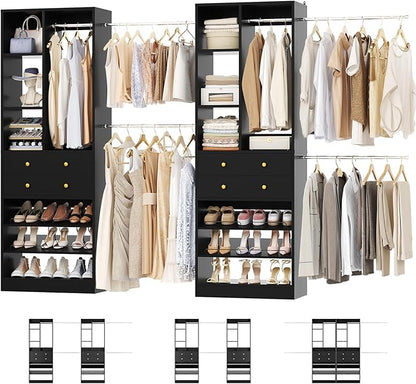 Closet System, Up to 134"/11.2 FT Closet Organizer with 4 Wooden Drawers and Shelves, Walk-in Closet System with 6 Hanging Rods, Built-in Closet Can Fit 96"/8FT, 120"/10FT, Black