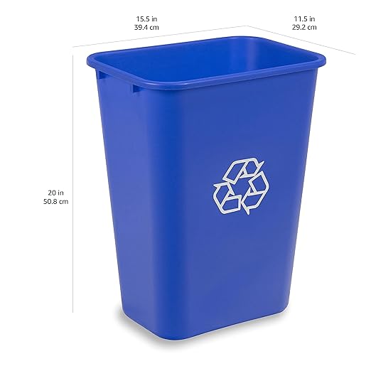 Amazon Basics Trash Can, Rectangular Commercial Office Wastebasket, Recycle Logo, 10 Gallon (Pack of 1), Blue (Previously AmazonCommercial Brand)