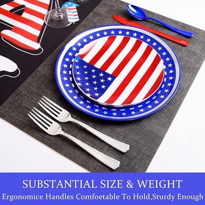 NOCCUR 180PCS Independence Day Silverware - 4th of July Tricolor Plastic Cutlery - Include 60 Red Knives, 60 Silver Forks, 60 Blue Spoons - Ideal for Independence Day