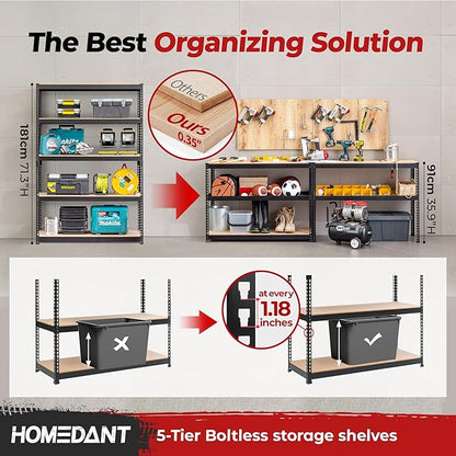 HOMEDANT 5 Tier Laminated Boltless Heavy Duty Garage Storage Adjustable Wide Size Metal Shelving Unit Utility Rack Shelves Organization Multipurpose Shelf Shed Warehouse 47.7"W x 24.1"D x 71.3"H 1Pack