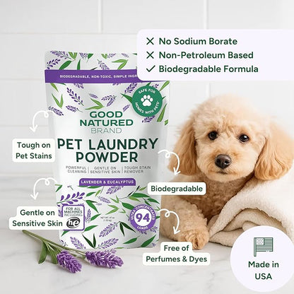 Good Natured Brand | Pet Stain & Odor Remover for Laundry | Pet Laundry Detergent for Dogs Beds, Cat Pee, Smell, Dog Drool | Hypoallergenic & Non-Toxic | Lavender | 47oz 94 Loads