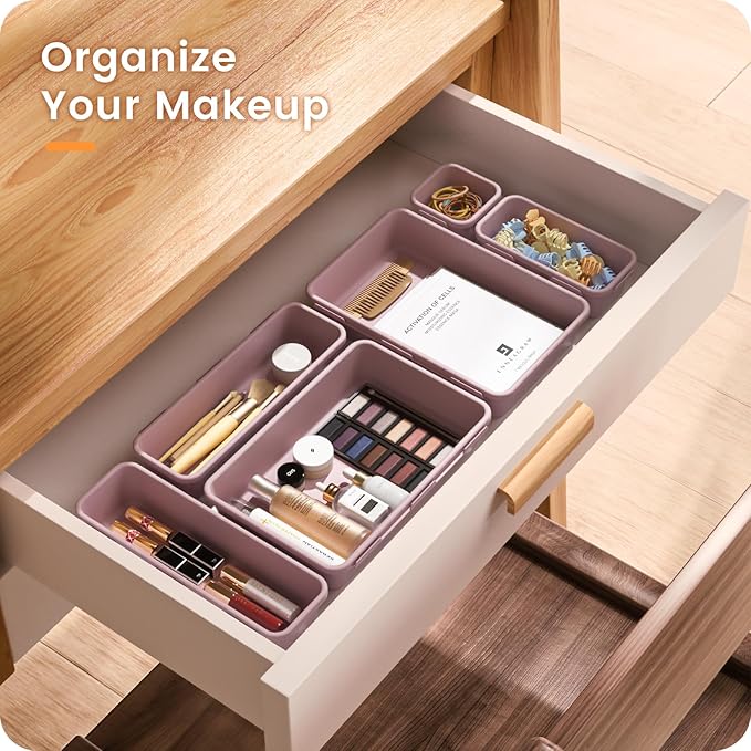 A-LuGei 【28PCS】 Drawer Organizer, Bathroom Organizers and Storage, Makeup organizer, Desk drawer organizer, Storage Bins for Kitchen Office Bedroom Vanity Jewelry Pantry Garage【Purple】【4Size】