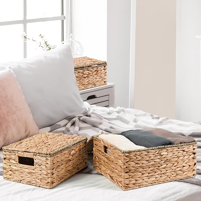 Wicker Storage Baskets with Lids and Handles, Hand Woven Rattan Storage Bins Box, Set 3 Natural Water Hyacinth Decorative Large Small Basket Container for Shelves, Bathroom Organizing