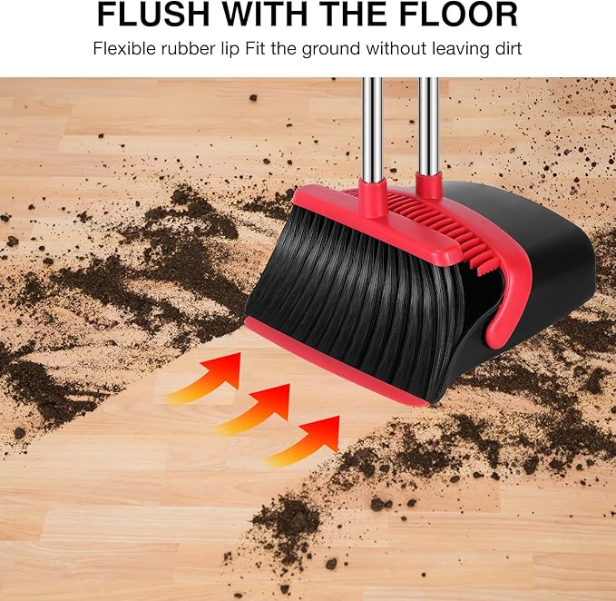 NACENA Broom and Dustpan Set, 52-in Long Adjustable Handle Broom Dustpan Combo with Dustpan Teeth to Automatically Clean Hair Suitable for Home Kitchen Office Hall Floor (Black&Red), 4 Pack