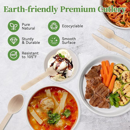 ECOLipak 300 Count Disposable Wooden Cutlery Set, 100 Knives, Forks and Spoons each, Splinter-Free Compostable Wooden Disposable Utensils for Party, Camping, Traveling, Family Dinners