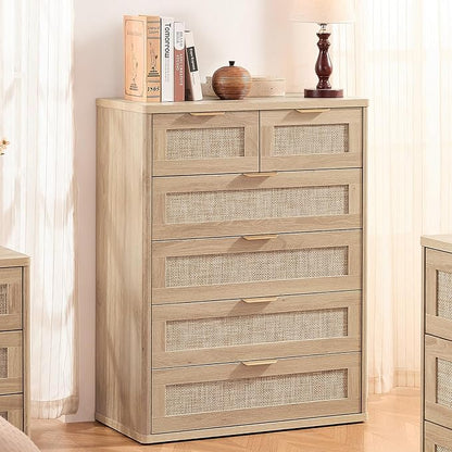 LEYAOYAO Rattan Dresser for Bedroom, 42" Tall Chest of Drawers, Modern 6 Drawers Boho Dressers with Storage, Light Oak Dresser Wooden Closet Organizer for Living Room, Hallway, Natural Wood