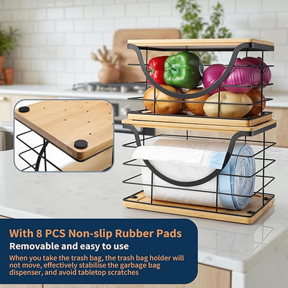 Extra Large Trash Bag Holder Stackable Kitchen Storage, 2 Pack Wall Mounted Pantry Organizers and Storage with Bamboo Top, Garbage Bag Dispenser Under Sink for Laundry Room and Kitchen