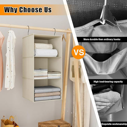 Hanging Closet Organizer and Storage 3-Shelf, Easy Mount Foldable Hanging Closet Wardrobe Storage Shelves, Clothes Handbag Shoes Accessories Storage, Washable Oxford Cloth Fabric, Beige