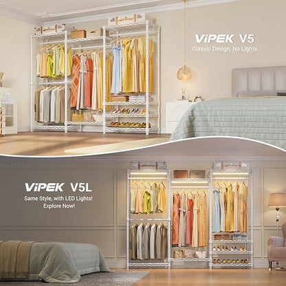 VIPEK V5 Portable Closet Wardrobe Heavy Duty Clothes Rack, Freestanding Clothing Racks with 4 Hang Rods & 8 Shelves, Adjustable Custom Closet Racks, 68.9" L x 15.7" W x 76.4" H, Max Load 800LBS, White