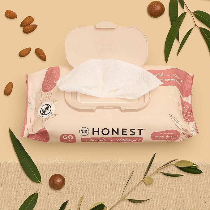 The Honest Company Nourish and Cleanse Naturally Scented Wipes Cleansing Multi-Tasking Wipes 99% Water Plant Based Hypoallergenic Sweet Almond 60 Count