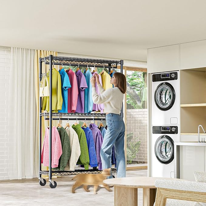 Heavy Duty Rolling Garment Rack 3 Tiers Adjustable Wire Shelving Clothes Rack with 2 Rods and Side Hooks,Storage Closet Clothing Rack with Wheels Black 15.7" D x 45.3" W x 79.6" H