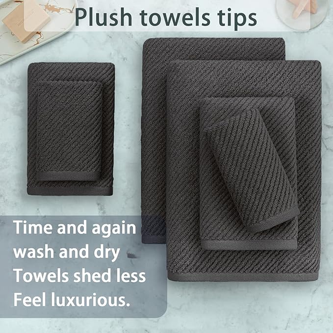 VOOVA & MOVAS Gray Towels - 100% Cotton | Lightweight | Quick Dry | Thick | Soft, Towel Set of 6, 2 Large Bath 30" x 56", 2 Hand 18" x 28", 2 Washcloths 13" x 13", Towel Gift Set, Dark Grey