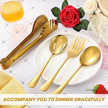 Patelai 8 Pieces Christmas Stainless Steel Gold Serving Utensils Set 8.7" Large Spoons and Slotted Spoon 9.45" Tong 9" Forks Flatware Wedding Party Buffet Banquet Cooking Kitchen Catering