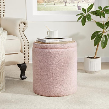 Boucle Round Ottoman with Storage Set of 2,Small Foot Stool Ottoman for Living Room, Small Coffee Table,Vanity Stool with Storage for Bedroom, Pink