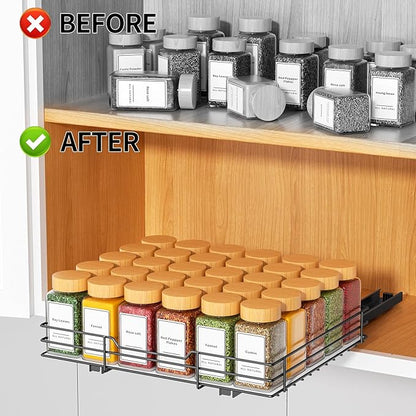 RCHYFEED Pull Out Spice Rack Organizer for Cabinet,Slide out Spice Organization for Inside Cabinets,Heavy Duty Seasoning Organizer Fits Kitchen and Pantry,Sauces,Canned (12.5''Wx10.5''Dx2.5''H)