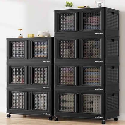 BROVIEW 140Gal Stackable Storage Bins with Lids & Wheels, 560Qt Plastic Collapsible Closet Organizer and Storage Drawers, Storage Boxes Cabinets for Home, Office, 7 Pack, Black