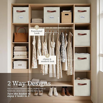DECOMOMO Storage Bins, Cube Storage Bin with Labels, Fabric Storage Cubes for Shelves (10.5" x 11" / 2pcs, Beige)