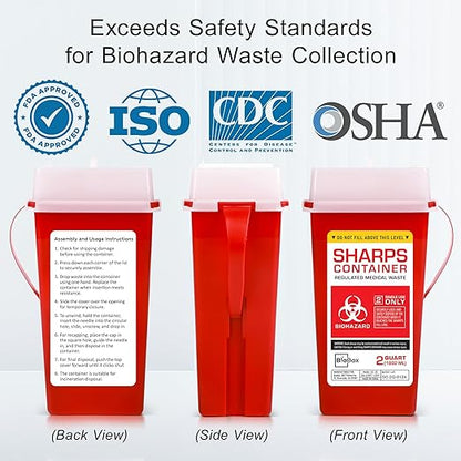 Sharps Container Large - Sharps Containers for Home Use and Labs - Portable Needle Disposal and Travel Size Biohazard Bin - 2 Quart (Pack of 5)