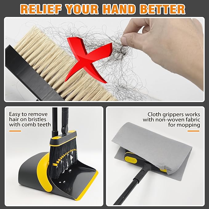 JEHONN Broom and Dust Pan, 54.3 inches Long Handle Swivel Brush, Upright Foldable Dustpan with Comb Teeth for Home Kitchen Lobby Indoor Floor Cleaning (Black & Yellow)