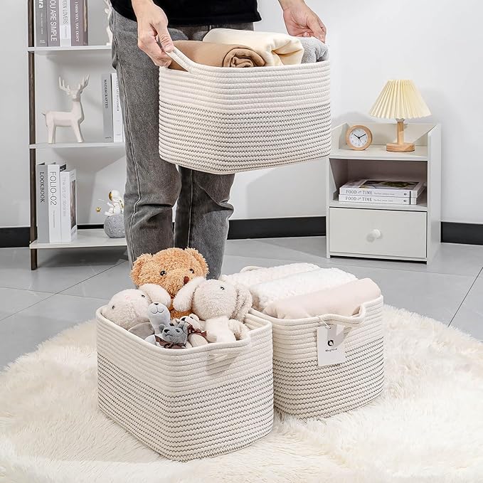 Medium and Large Woven Basket//With Handle, Used for Toys and Fabric Storage Basket used for Storing xl Storage Box, Decorative Storage Box Room 2pack (14L*10W*8.6H White/Black Line, 14Lx10Wx8.6H)