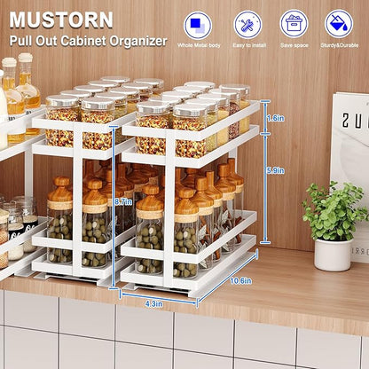 Pull Out Spice Rack Organizer for Cabinet, 2 Tier Metal Slide Out Seasoning Organizer and Storage Heavy Duty Vertical Spice Rack Shelf Pullout for Kitchen Cabinets No Drilling(1 Pack, White)
