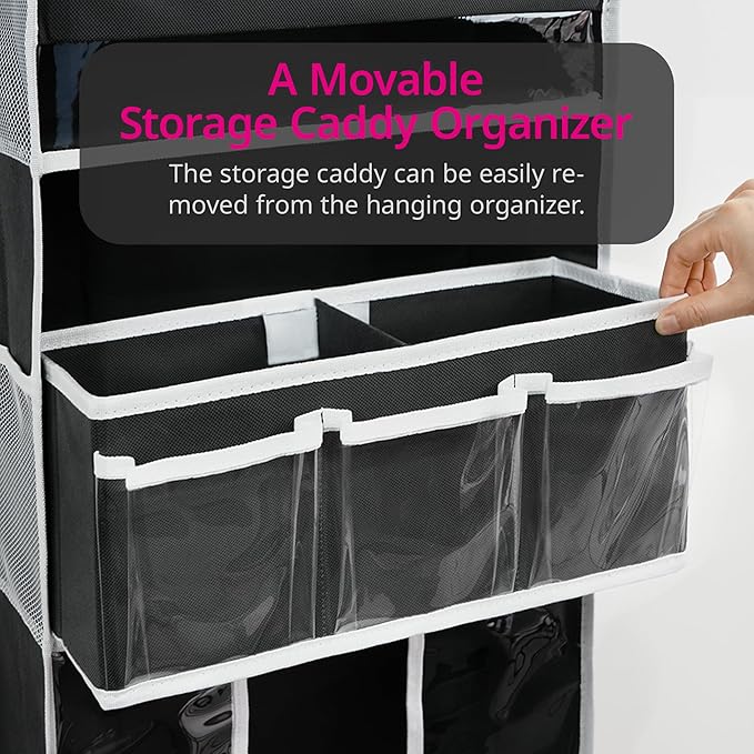 Door Hanging Storage Organizer,with 3 Bins 1 Movable Baby Diaper Caddy,1 Large capacity diaper stacking storage Organizer,10 Side Pockets ,Bedroom Door Storage for Nursery Baby Essentials. (Dark grey)