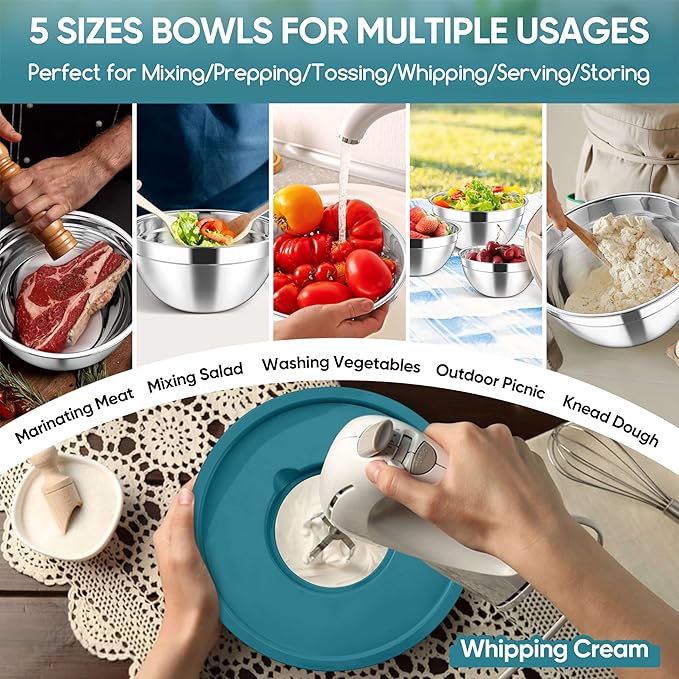 Herogo 5-Piece Mixing Bowls with Lids, 3 Grater Attachments, Stainless Steel Salad Bowls for Kitchen, Size 4.6, 3.5, 2.5, 2, 1.5QT Ideal for Baking, Prepping, Mixing and Serving, Blue