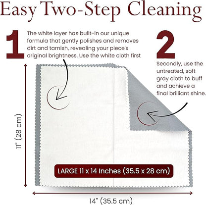 Pro Size Polishing Cloth Set of 2 Large Cleaning Cloths Pure Cotton Made in USA for Gold Silver and Platinum Jewelry Coins Watch, Silverware 11 x 14 inches each Tarnish Remover Keeps Jewelry Shining