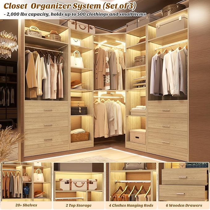Corner Closet System with 6 Drawers, Closet Organizer System with 14 Shelves & 4 Hanging Rods, 87.2"L * 39.2"W / 63.2"L * 63.2"W Reversible L Shaped Walk-in Closets, Load 2500+LBS, White Oak