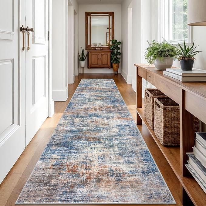 IOHOUZE Abstract Runner Rug 3x12 Ft Washable Runners for Hallways, Non Slip Kitchen Runner Printed Faux Wool Entryway Runner Indoor, Modern Abstract Floor Carpet for Hall Kitchen, Blue Rust