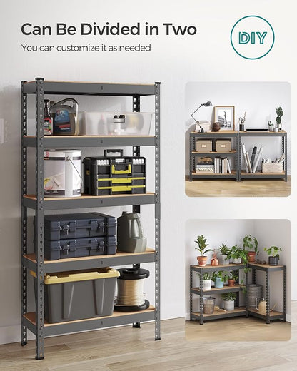 SONGMICS 5-Tier Storage Shelves, Load 2310 lb, Set of 2 Garage Storage, Boltless Assembly, Adjustable Shelving Unit, 11.8 x 29.5 x 59.1 Inches, for Study Shed Basement, Gray UGLR300G02