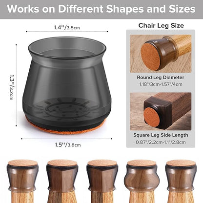 24PCS Upgraded Silicone Chair Leg Floor Protectors for Hardwood Floors, Furniture Sliders for Chair Legs, Felt Bottom Furniture Pads, Anti-Slip Round&Square Cap Covers to Scratch and Reduce Noise
