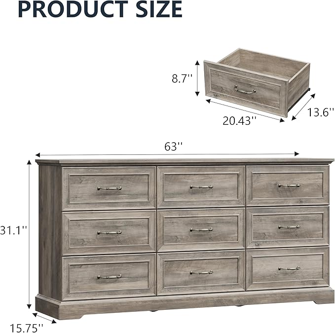 9 Drawer Dresser for Bedroom, 63" Wide Wooden Chest of Drawers, Rustic Farmhouse Dresser with Large Drawers & Metal Handles, Modern Storage Organizer for Closet, Living Room, Hallway, Grey
