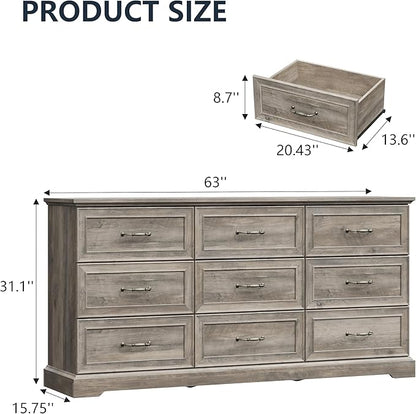 9 Drawer Dresser for Bedroom, 63" Wide Wooden Chest of Drawers, Rustic Farmhouse Dresser with Large Drawers & Metal Handles, Modern Storage Organizer for Closet, Living Room, Hallway, Grey