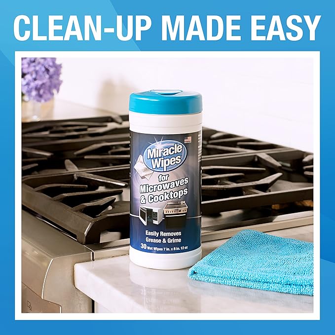 MiracleWipes for Microwaves and Cooktops, Easily Removes Food and Grime Buildup, Safe and Convenient Stove Top Cleaner, Great for Home and Kitchen Use - 30 Count