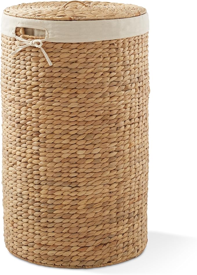 Casafield Round Laundry Hamper with Lid and Removable Liner Bag - Natural, Woven Water Hyacinth Wicker Laundry Basket for Clothes and Towels