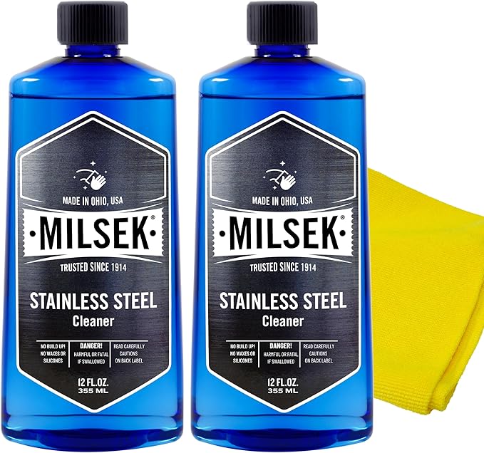Milsek Stainless Steel Cleaner - Multipurpose Cleaning Supplies for Home and Kitchen Appliances, Sink, Stovetop, Dishwasher, Microwaves and Refrigerators - 12 Fl Oz (Pack of 2) with Microfiber Towel