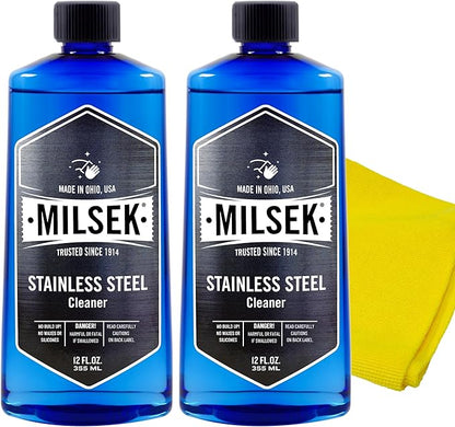 Milsek Stainless Steel Cleaner - Multipurpose Cleaning Supplies for Home and Kitchen Appliances, Sink, Stovetop, Dishwasher, Microwaves and Refrigerators - 12 Fl Oz (Pack of 2) with Microfiber Towel