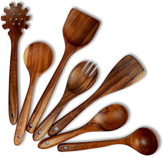 Premium Teak Wooden Utensil Set, 7-Piece Handcrafted Cooking Spoons & Spatulas – Nonstick Safe, Durable, Heat-Resistant Wooden Utensils for Everyday Cooking