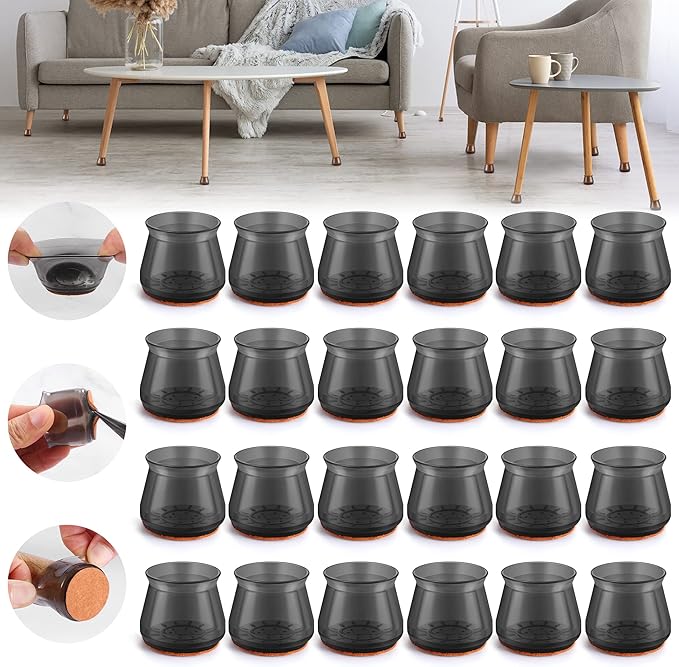 24PCS Upgraded Silicone Chair Leg Floor Protectors for Hardwood Floors, Furniture Sliders for Chair Legs, Felt Bottom Furniture Pads, Anti-Slip Round&Square Cap Covers to Scratch and Reduce Noise