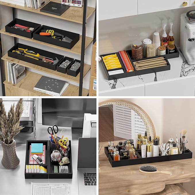 Bamboo Drawer Organizer, Small Silverware for Kitchen Drawer, Stackable Utensil Organizer, 2 Pcs Flatware Organizer, Wooden Storage Box Tray (Black, 6 X 3 X 2 Inch)