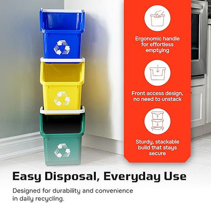 Multi Bin Recycling System with Nine Stackable 6 Gallon Recycle Bins to Build Your Recycling Center for Offices, Kitchen, Garages, Businesses (9 Pack, Blue/Yellow/Green)