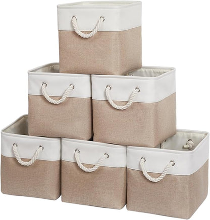 11 x 11 Inch Storage Cubes, 6 Pack Large Collapsible Fabric Storage Bin with Ropes, Foldable Storage Cubes for Home, Office,Closet, Clothes, Toys Organizer (White&Beige)