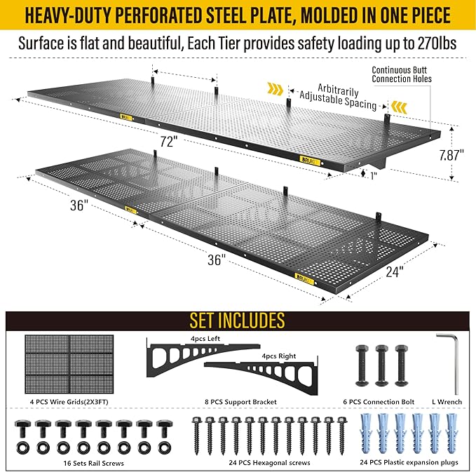 4Pack 2x3ft Adjustable Metal Garage Wall Shelving Heavy Duty Garage Storage Shelf Wall Mounted Black