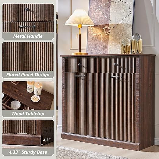 Modern Double Tilt-Out Trash Cabinet, 20 Gallon Fluted Laundry Hamper Cabinet with 2 Drawers, Wooden Hidden Garbage Can Cabinet w/Storage Basket,Free Standing for Kitchen & Living Room, Brown