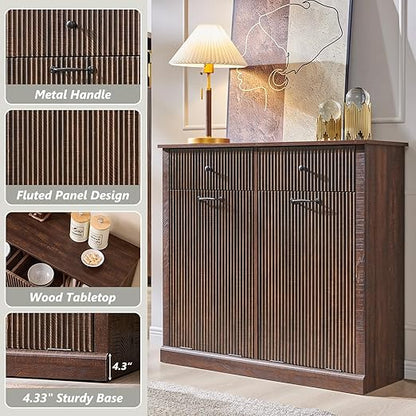 Modern Double Tilt-Out Trash Cabinet, 20 Gallon Fluted Laundry Hamper Cabinet with 2 Drawers, Wooden Hidden Garbage Can Cabinet w/Storage Basket,Free Standing for Kitchen & Living Room, Brown