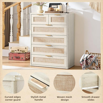 LEYAOYAO White Dresser for Bedroom Set of 2, 42" Tall Chest of Drawers, Modern 6 Drawers Boho Rattan Dressers with Storage, Dresser Wooden Closet Organizer for Living Room, Hallway