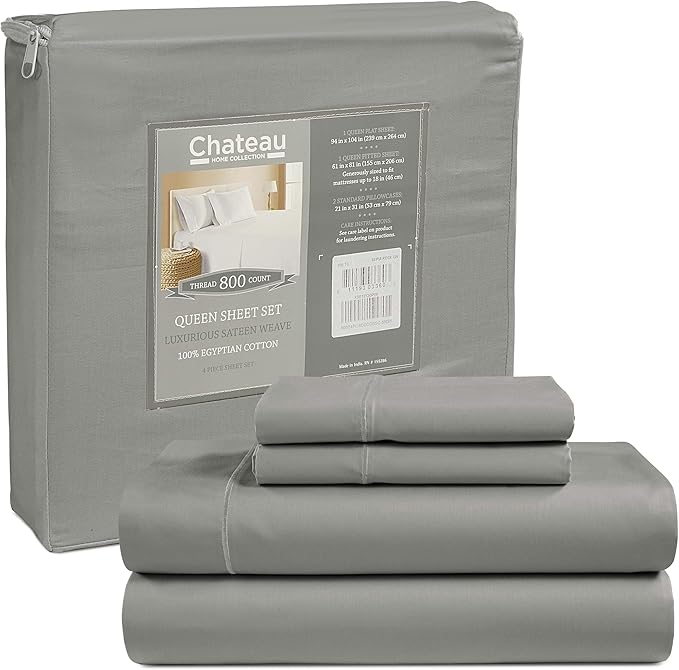 Egyptian Cotton Sheets Queen Size Bed Set Deep Pockets, 800 TC Cotton Queen Sheet Set, Soft Breathable Sateen Weave Elasticated Sheet & Pillowcase Sets, No Pill & Shrink, Machine washable- Silver