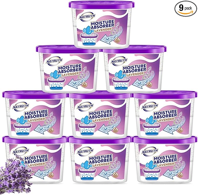 NATRUTH Moisture Absorbers with Lavender Scent,9-Pack Portable Closet Dehumidifier, Odor Eliminator Absorber Bucket, Unscented Humidity Absorber,Cleaner Air Dehumidifier for Closet,Bathrooms
