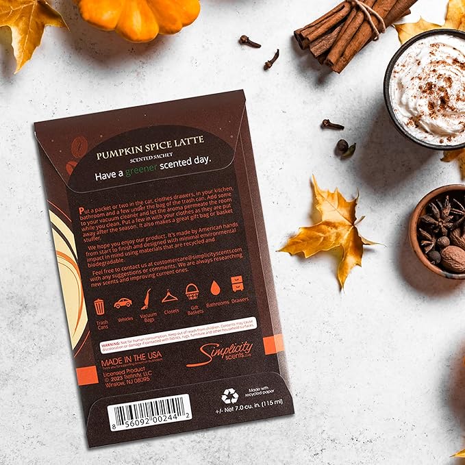 Pumpkin Spice Latte Scented Sachets Pack of 6, Fall & Winter - Long-Lasting Scented Bags, Home Fragrance, Air Freshener & Deodorizer for Closet, Room, Drawer, or Cars, Made in USA